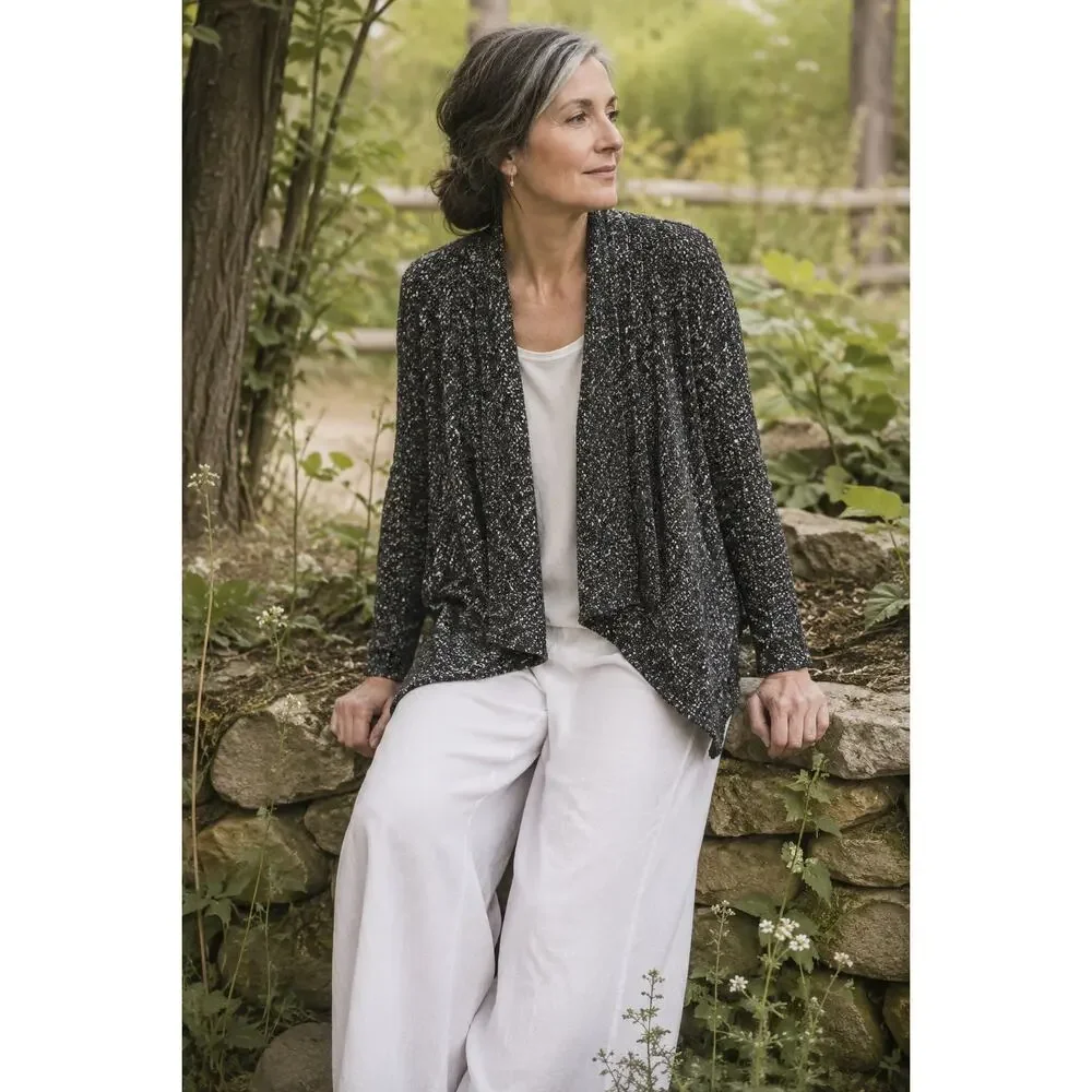 Eileen Fisher Organic Linen Organic Cotton Open Front‎ Cardigan Sm Black Marled